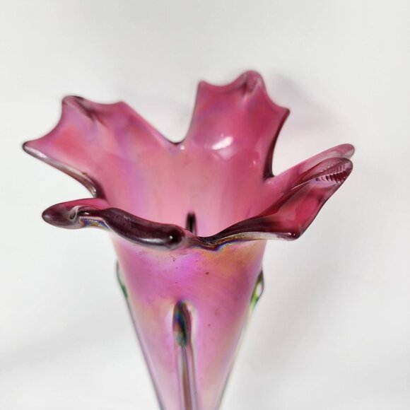 Ron Mynatt 2002 Signed Pink Iridescent Hand Blown Glass 13" Petal Vase - Picture 2 of 7